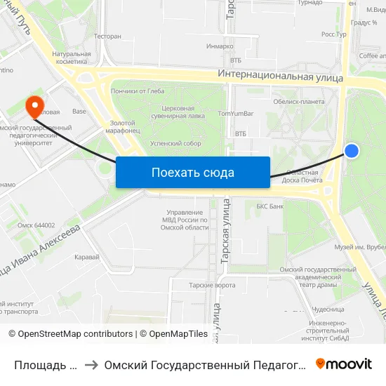 Площадь Победы to Омский Государственный Педагогический Университет map