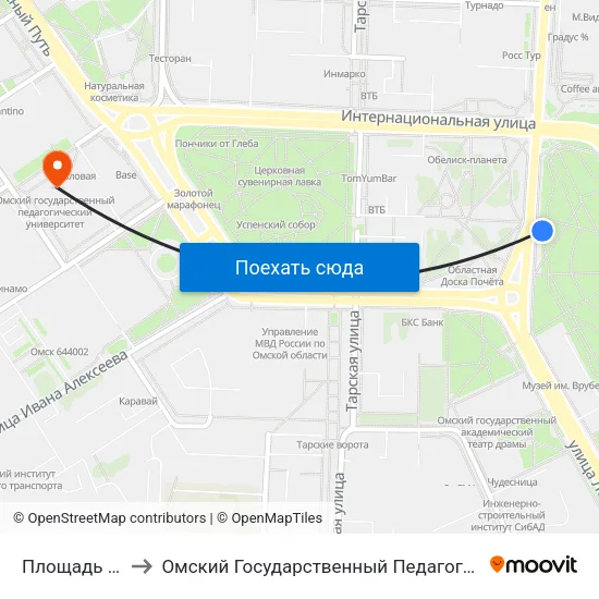 Площадь Победы to Омский Государственный Педагогический Университет map