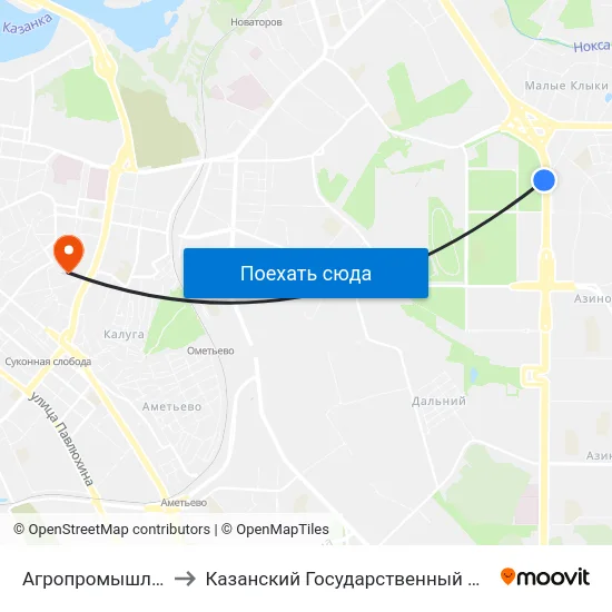 Агропромышленный Парк Казань-3 to Казанский Государственный Архитектурно-Строительный Университет map