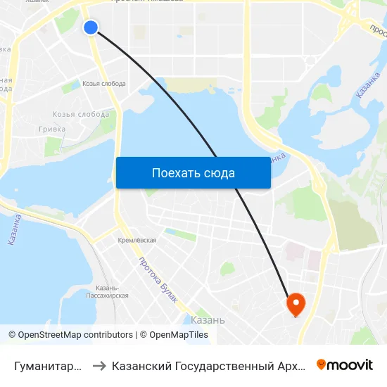 Гуманитарный Институт-1 to Казанский Государственный Архитектурно-Строительный Университет map
