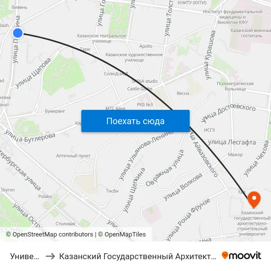 Университет-1 to Казанский Государственный Архитектурно-Строительный Университет map