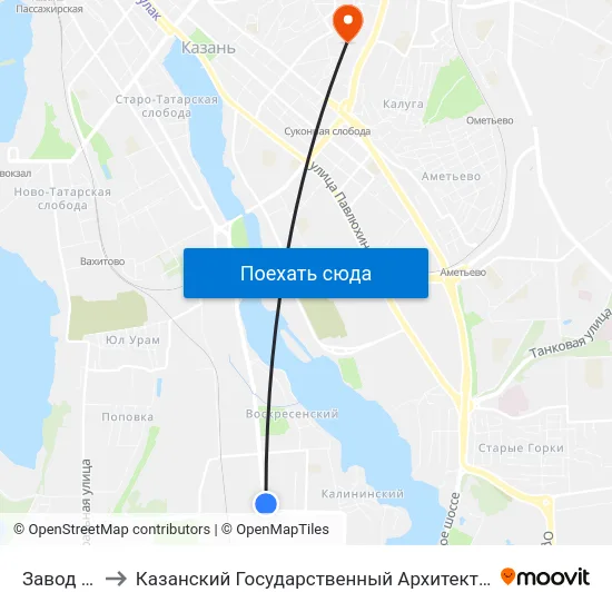 Завод Искож-1 to Казанский Государственный Архитектурно-Строительный Университет map