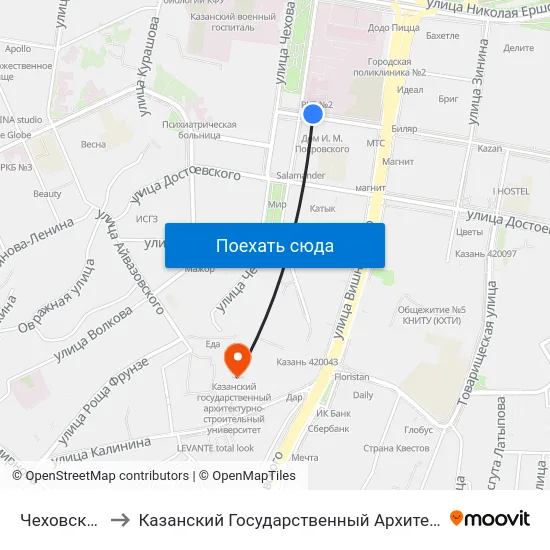 Чеховский Рынок-1 to Казанский Государственный Архитектурно-Строительный Университет map