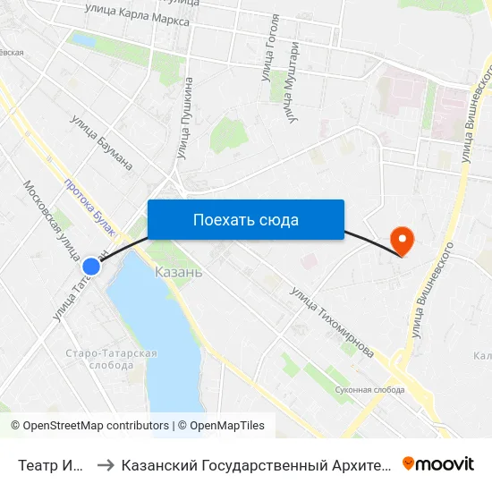 Театр Им.Г.Камала to Казанский Государственный Архитектурно-Строительный Университет map