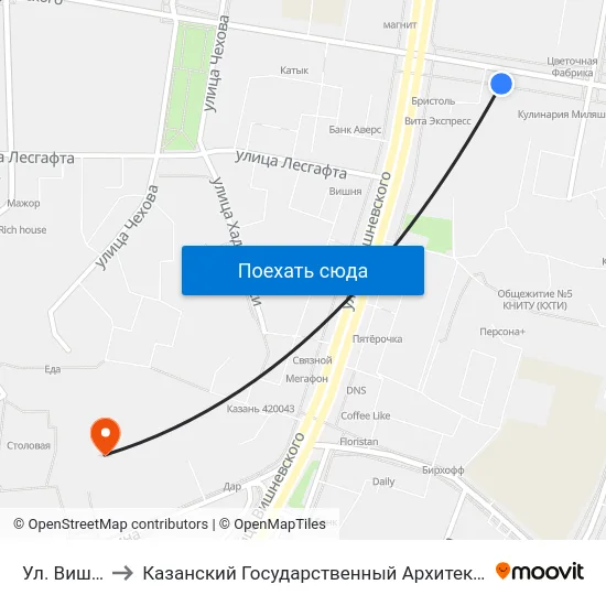 Ул. Вишневского to Казанский Государственный Архитектурно-Строительный Университет map