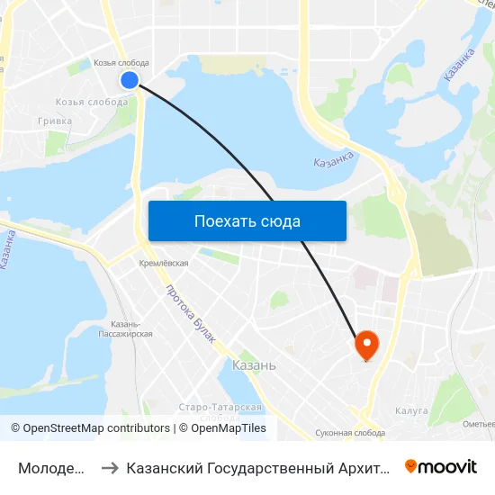 Молодежный Центр to Казанский Государственный Архитектурно-Строительный Университет map