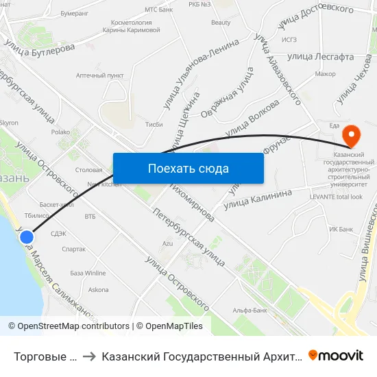 Торговые Ряды Алтын to Казанский Государственный Архитектурно-Строительный Университет map
