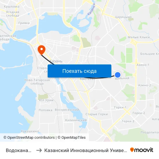 Водоканал (Ул. Родины) to Казанский Инновационный Университет Имени В.Г Тимирясова (Иэуп) map