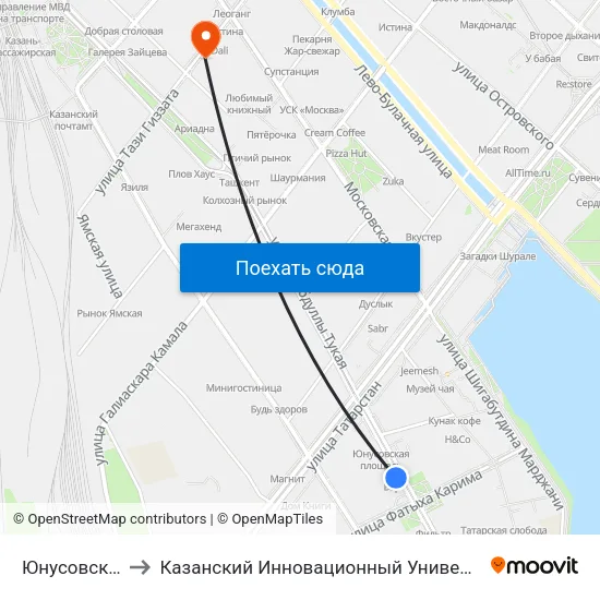 Юнусовская Площадь to Казанский Инновационный Университет Имени В.Г Тимирясова (Иэуп) map