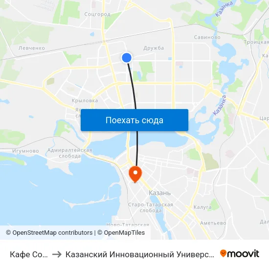 Кафе Солнышко-3 to Казанский Инновационный Университет Имени В.Г Тимирясова (Иэуп) map