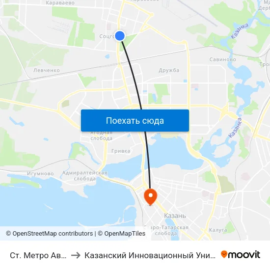 Ст. Метро Авиастроительная-1 to Казанский Инновационный Университет Имени В.Г Тимирясова (Иэуп) map