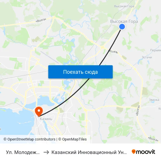 Ул. Молодежная (Высокая Гора) to Казанский Инновационный Университет Имени В.Г Тимирясова (Иэуп) map