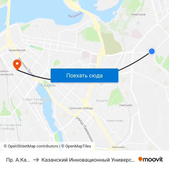 Пр. А.Камалеева-3 to Казанский Инновационный Университет Имени В.Г Тимирясова (Иэуп) map