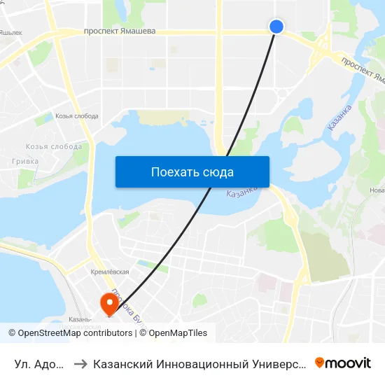 Ул. Адоратского-1 to Казанский Инновационный Университет Имени В.Г Тимирясова (Иэуп) map