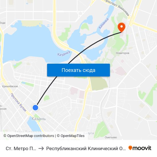 Ст. Метро Пл.Г.Тукая-1 to Республиканский Клинический Онкологический Диспансер map