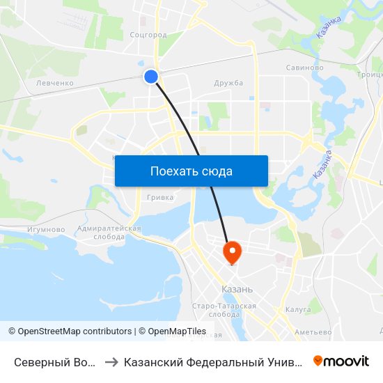 Северный Вокзал to Казанский Федеральный Университет map