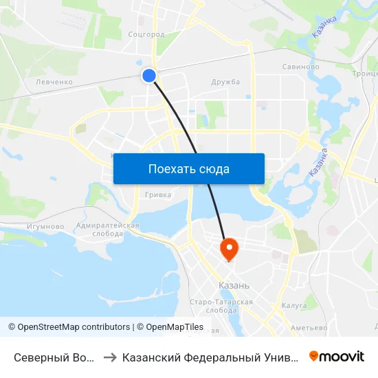Северный Вокзал to Казанский Федеральный Университет map