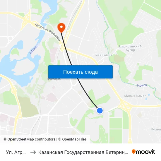 Ул. Аграрная to Казанская Государственная Ветеринарная Академия map