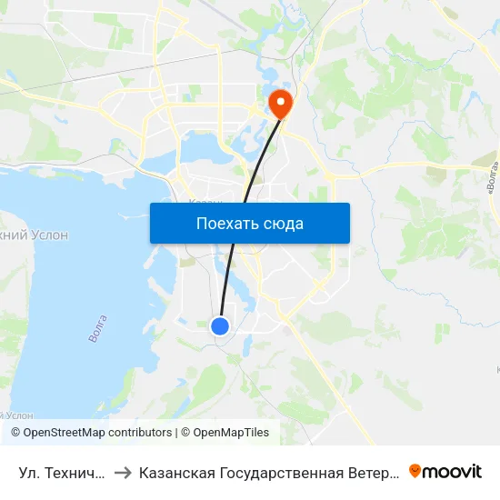 Ул. Техническая-2 to Казанская Государственная Ветеринарная Академия map