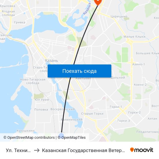 Ул. Техническая to Казанская Государственная Ветеринарная Академия map