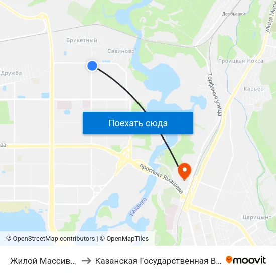Жилой Массив Брикетный-2 to Казанская Государственная Ветеринарная Академия map