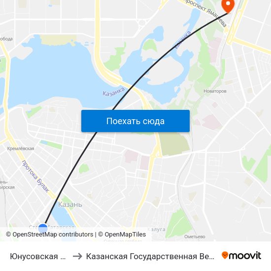 Юнусовская Площадь-2 to Казанская Государственная Ветеринарная Академия map