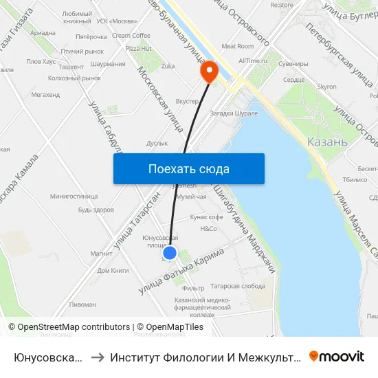 Юнусовская Площадь to Институт Филологии И Межкультурной Коммуникации Кфу map