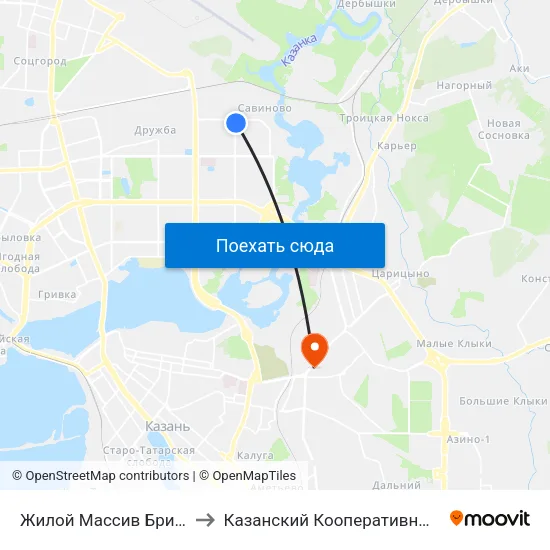 Жилой Массив Брикетный-2 to Казанский Кооперативный Институт map