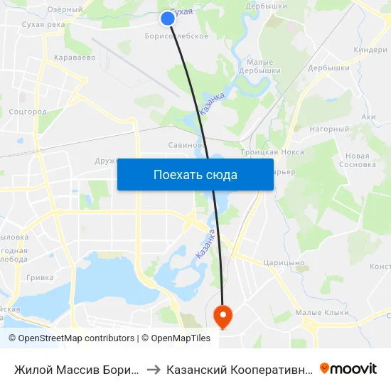 Жилой Массив Борисоглебское to Казанский Кооперативный Институт map