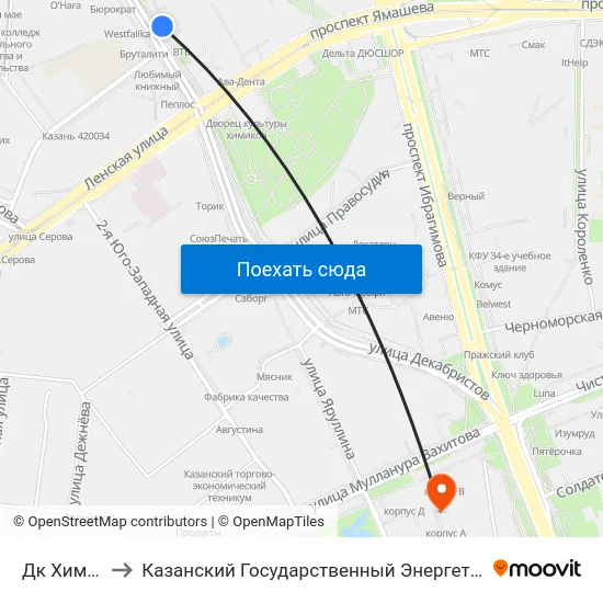 Дк Химиков-1 to Казанский Государственный Энергетический Университет map