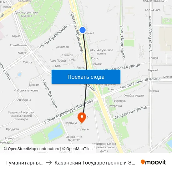 Гуманитарный Институт-1 to Казанский Государственный Энергетический Университет map