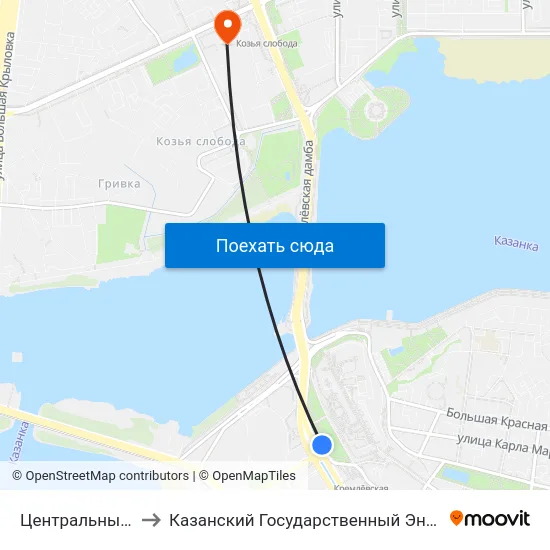 Центральный Стадион-1 to Казанский Государственный Энергетический Университет map