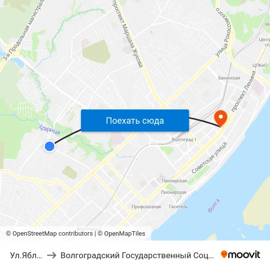 Ул.Яблочная (Б) to Волгоградский Государственный Социально-Педагогический Университет map