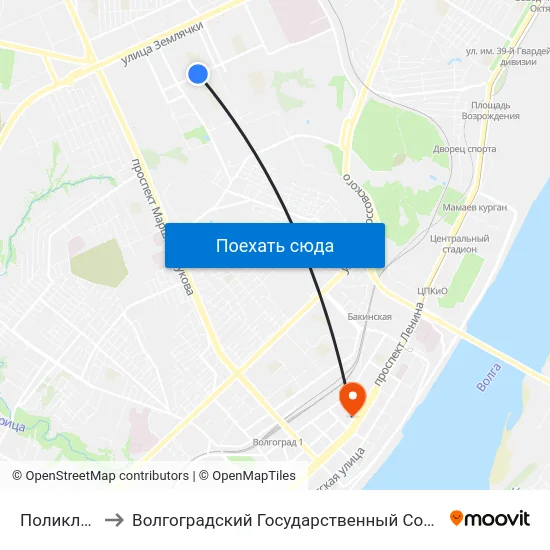 Поликлиника №28 to Волгоградский Государственный Социально-Педагогический Университет map