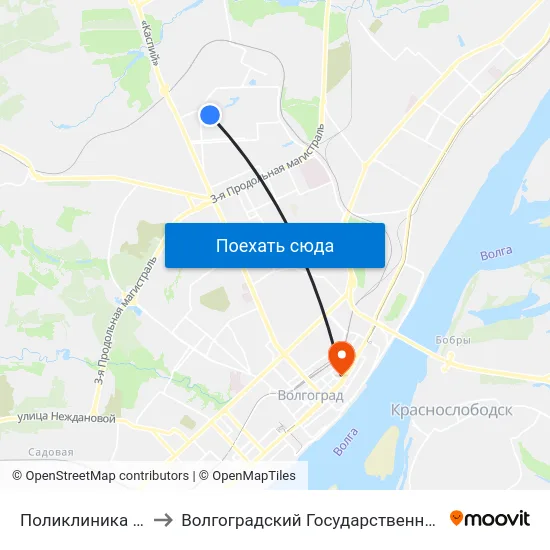 Поликлиника №18 (Ул. Колпинская) to Волгоградский Государственный Социально-Педагогический Университет map