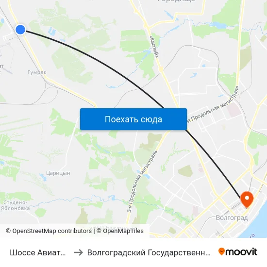 Шоссе Авиаторов (По Требованию) to Волгоградский Государственный Социально-Педагогический Университет map
