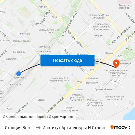 Станция Волгоград-2 to Институт Архитектуры И Строительства Волггту map