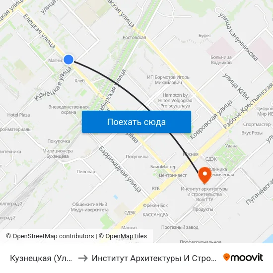 Кузнецкая (Ул. Елецкая) to Институт Архитектуры И Строительства Волггту map