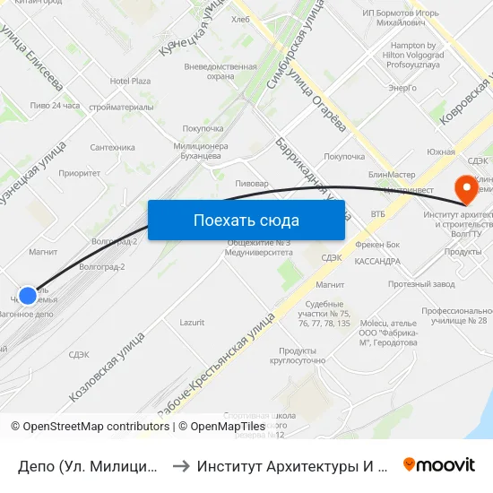 Депо (Ул. Милиционера Буханцева) to Институт Архитектуры И Строительства Волггту map