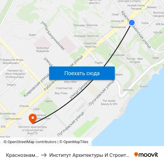 Краснознаменская to Институт Архитектуры И Строительства Волггту map