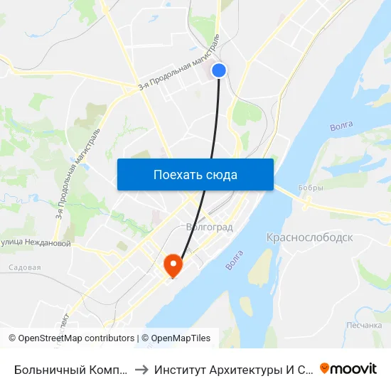 Больничный Комплекс (Конечная) to Институт Архитектуры И Строительства Волггту map