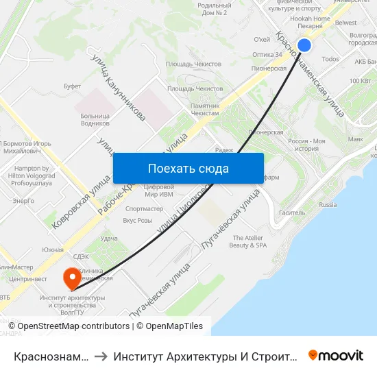 Краснознаменская to Институт Архитектуры И Строительства Волггту map