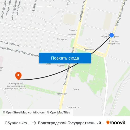 Обувная Фабрика (А) to Волгоградский Государственный Университет "" Волгу"" map
