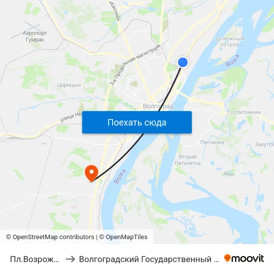 Пл.Возрождения (А) to Волгоградский Государственный Университет "" Волгу"" map