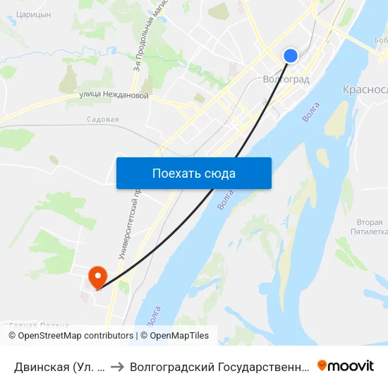 Двинская (Ул. Пархоменко) to Волгоградский Государственный Университет "" Волгу"" map
