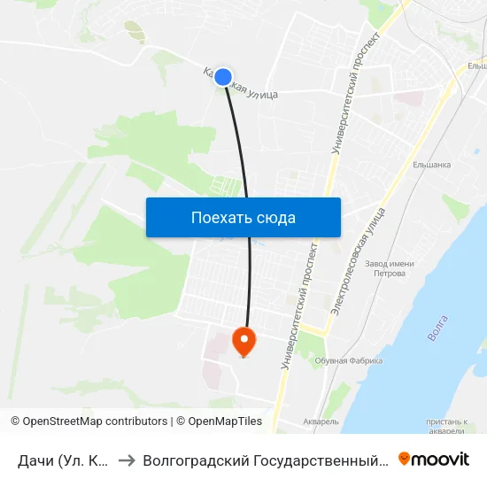 Дачи (Ул. Казахская) to Волгоградский Государственный Университет "" Волгу"" map