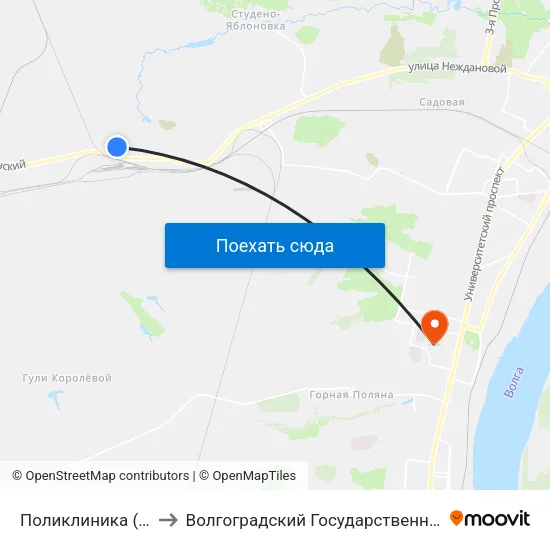 Поликлиника (Горьковский) to Волгоградский Государственный Университет "" Волгу"" map