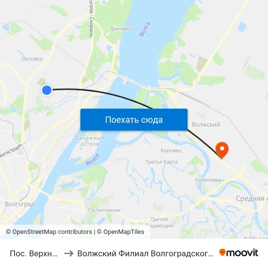 Пос. Верхнезареченский to Волжский Филиал Волгоградского Государственного Университета map