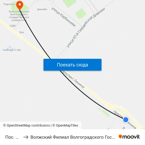 Пос. Южный to Волжский Филиал Волгоградского Государственного Университета map