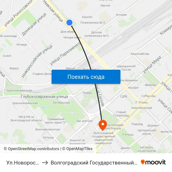 Ул.Новороссийская (А) to Волгоградский Государственный Медицинский Университет map